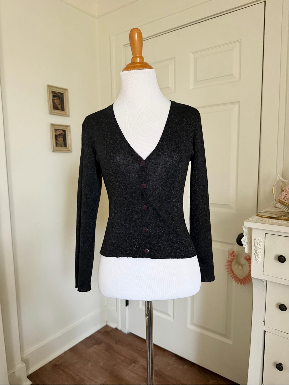 Vintage 1990s Y2K Betsey Johnson Black Metallic Glitter Button Up Cardigan